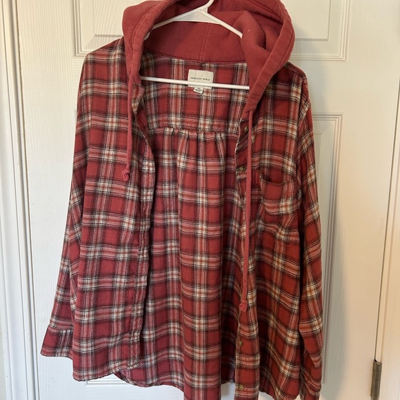 American Eagle Outfitters Salmon Pink/Red Plaid Hooded Shirt - Picture 1 of 2
